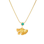 Gold-tone ginkgo leaf fan pendant necklace with turquoise round cabochon on chain