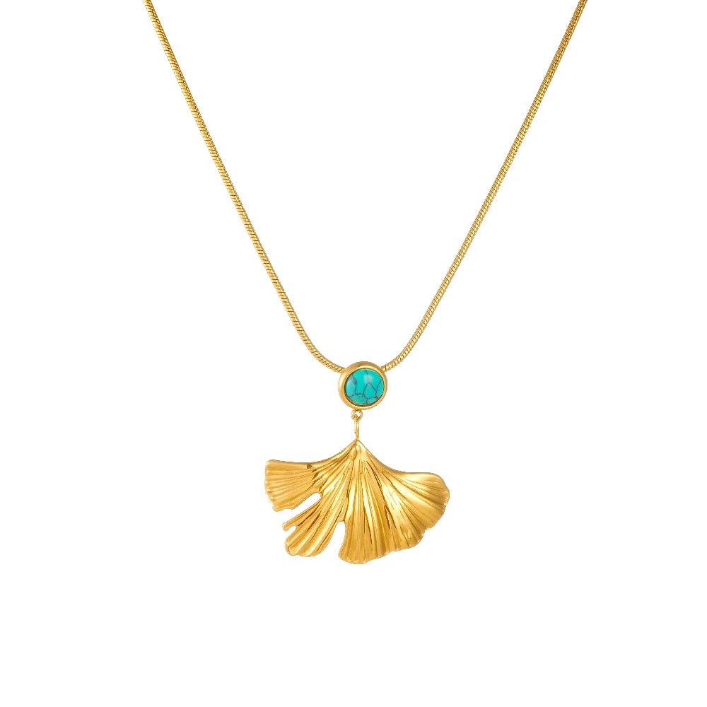Gold-tone ginkgo leaf fan pendant necklace with turquoise round cabochon on chain