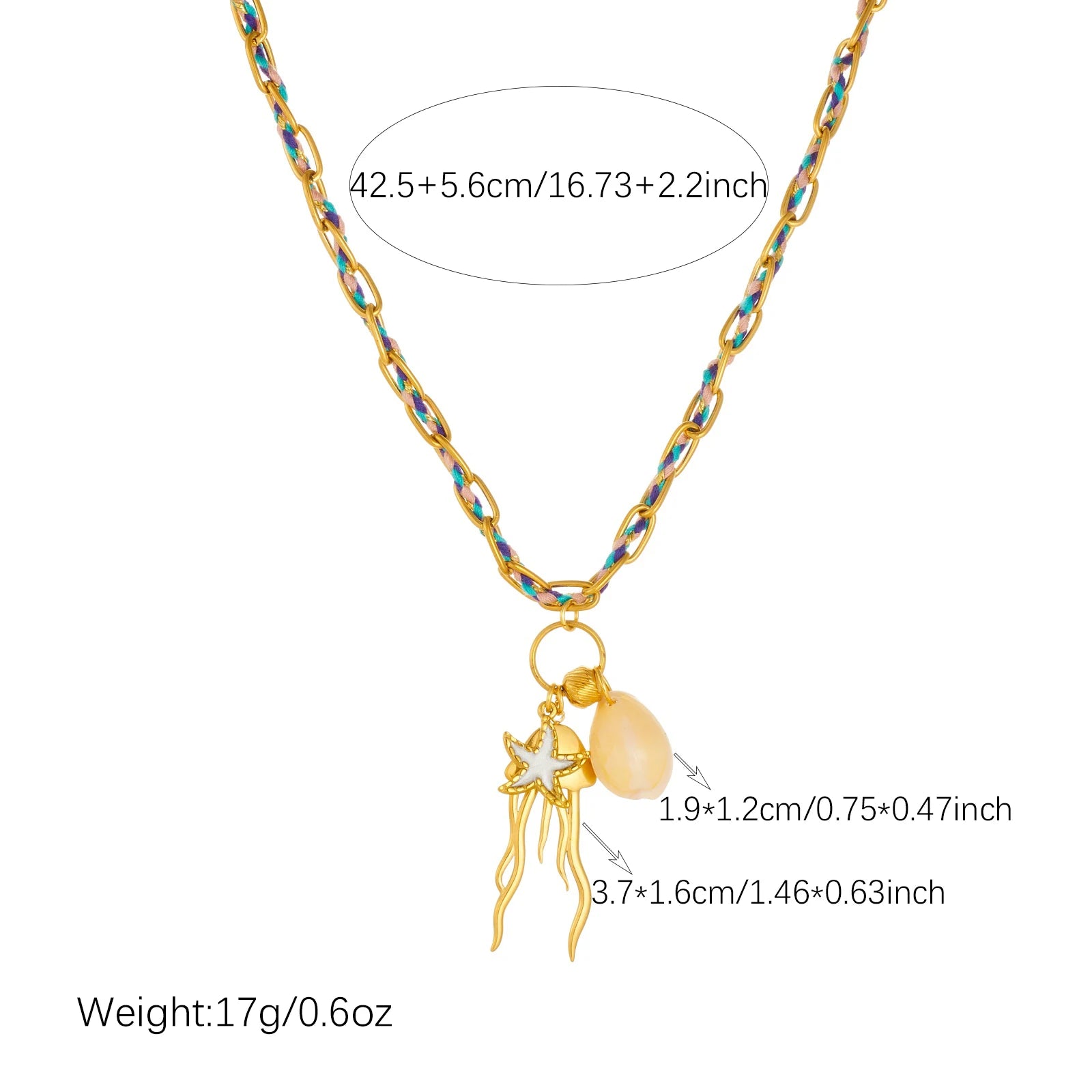 Jellyfish pendant necklace with starfish charm and white shell bead on blue gold chain