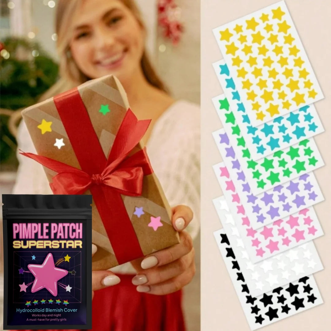 Star-shaped acne patch sheets in multiple colors, shown with boxed pouch and gift