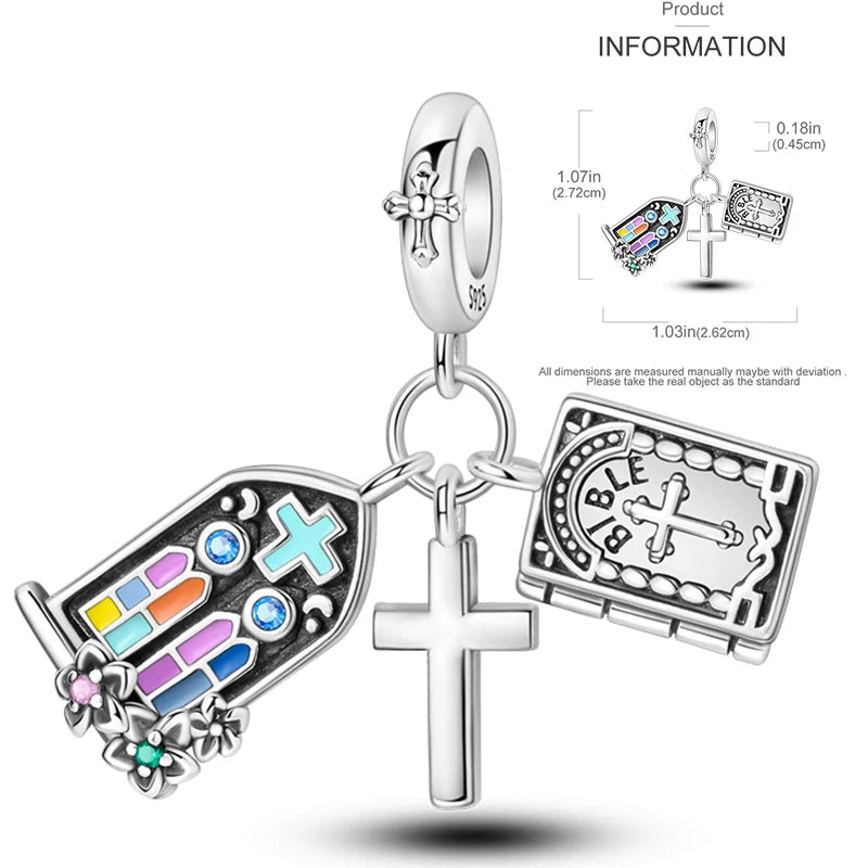 925 sterling silver cross charm with colorful stained-glass style details and small stones