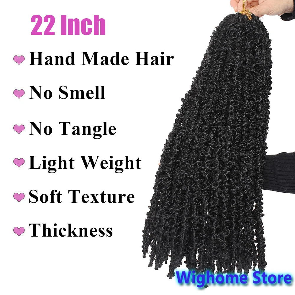 Black 22-inch handmade loc crochet hair with soft, dense curls and tapered ends