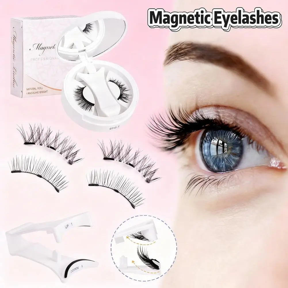 Magnetic faux mink eyelashes set with curved lashes, applicator, and lash placement guide