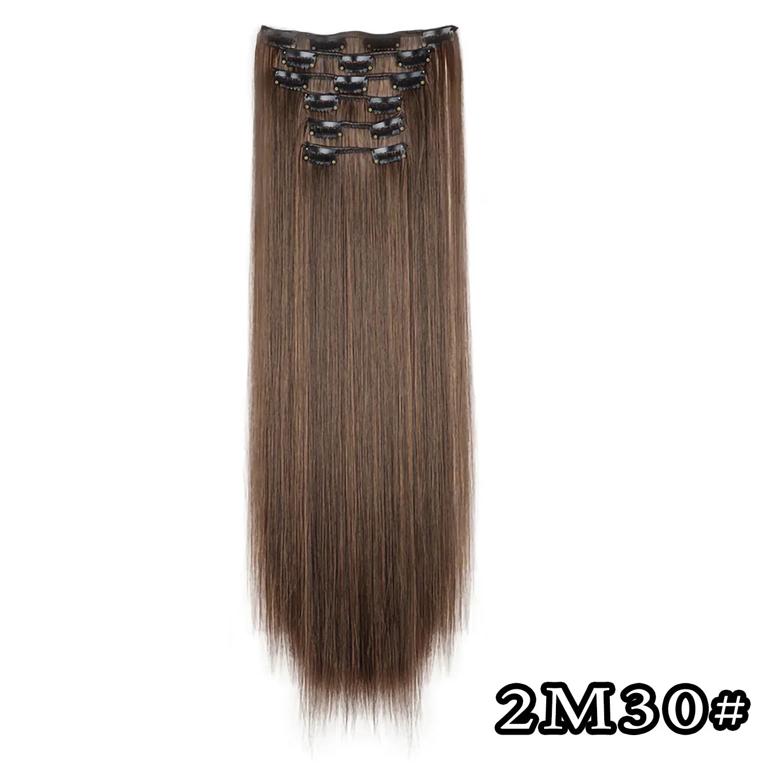 Dark brown straight clip-in hair extension with metal comb clips at the top