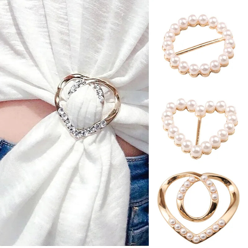 Metal heart scarf knot brooch clip with faux pearls and rhinestone border