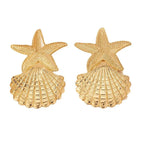 Gold starfish and shell statement earrings, front pair view with textured tiers