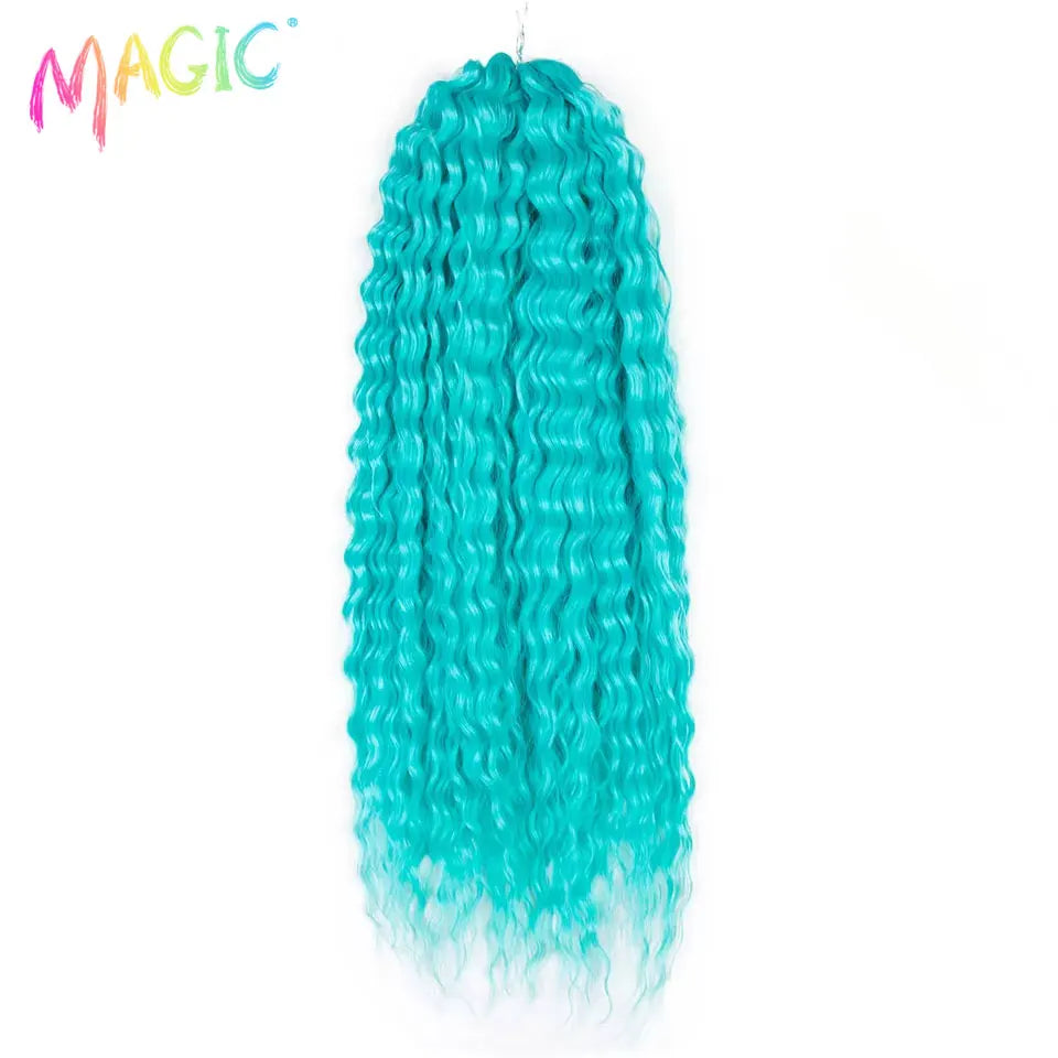 Synthetic crochet braids with long water-wave curls, turquoise color with lighter ends
