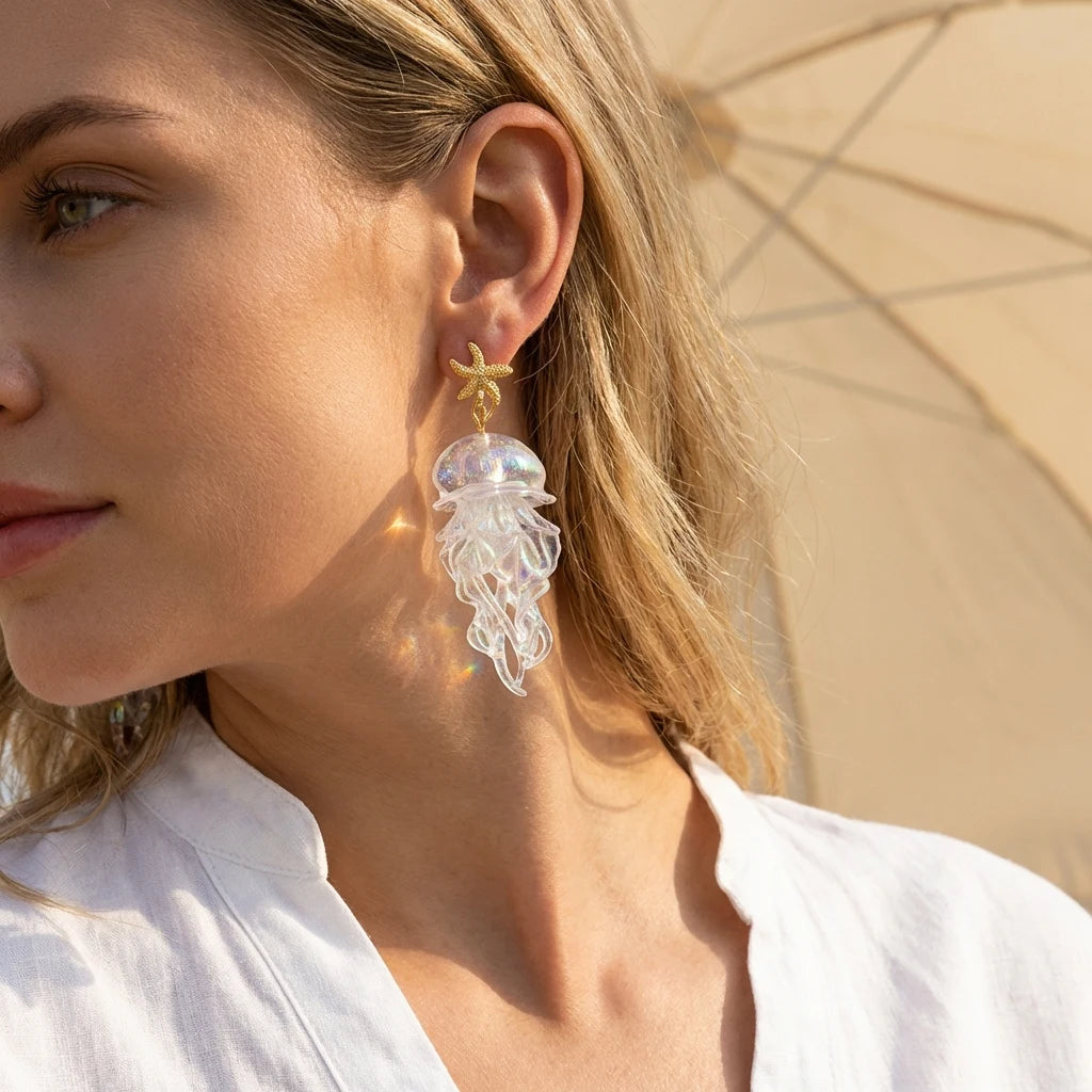 Jellyfish pendant drop earrings with gold starfish and iridescent clear jelly charms.