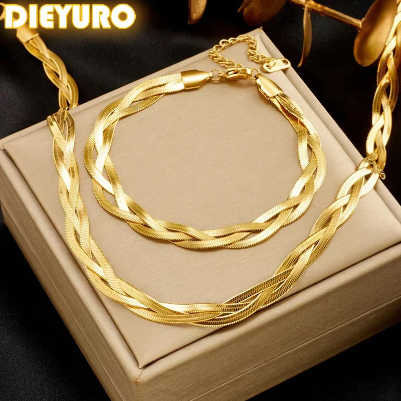 Gold snake-chain necklace and bracelet set, layered twisted links with clasp hardware