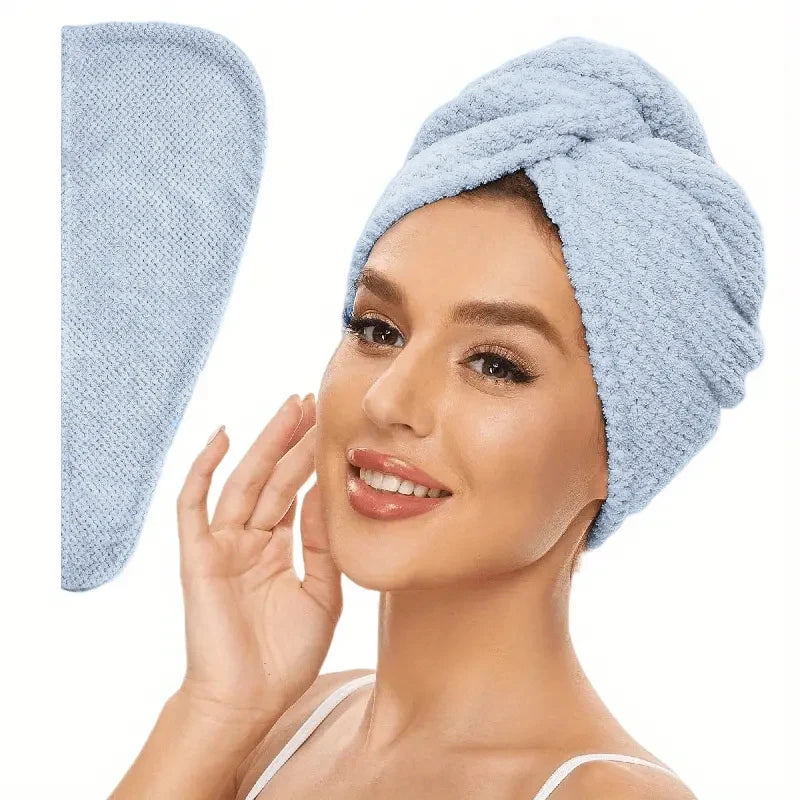 Absorbent hair towel wrap in light blue textured knit, hood-style design