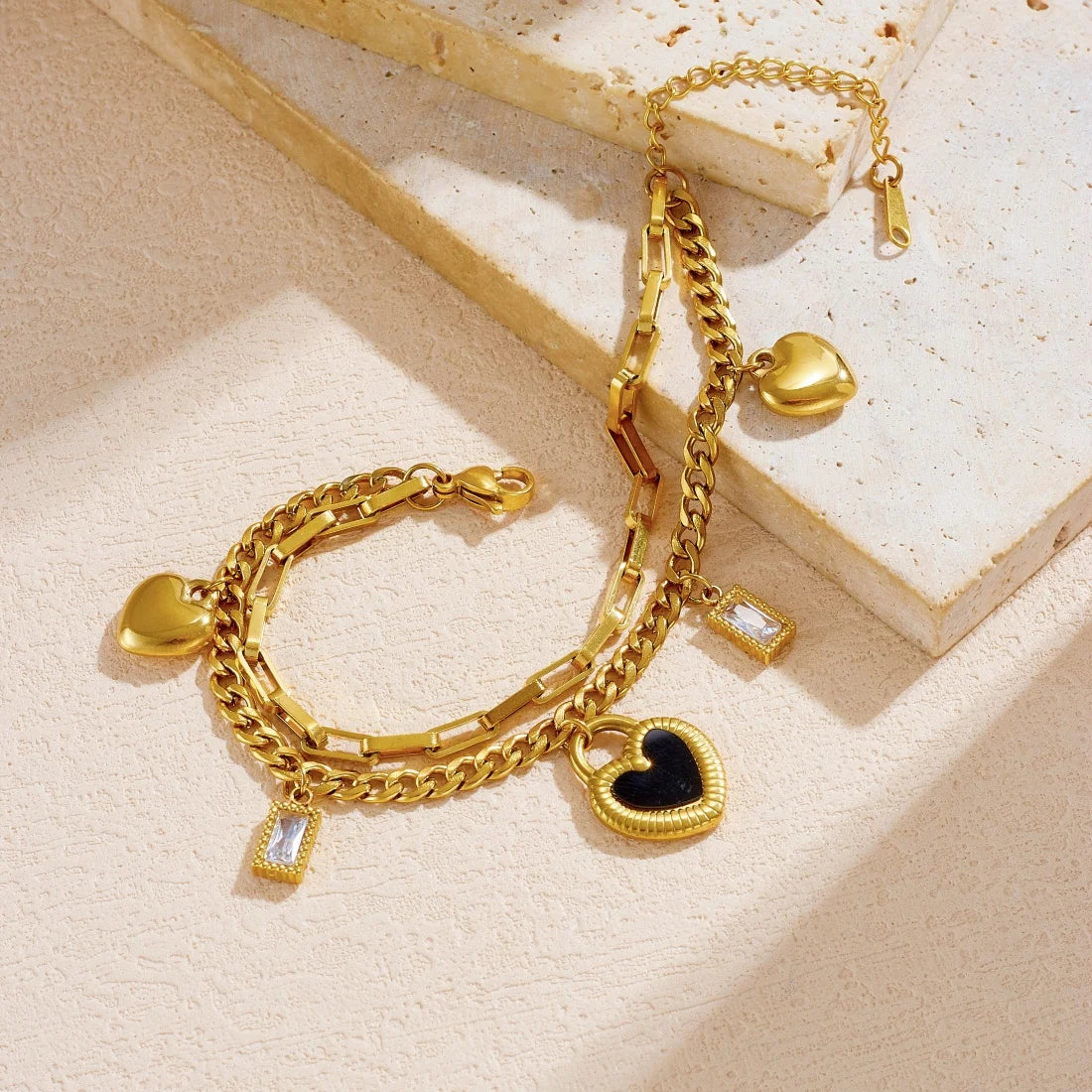 Black Heart Zircon Double-Layer Bracelet — 316L Stainless Steel