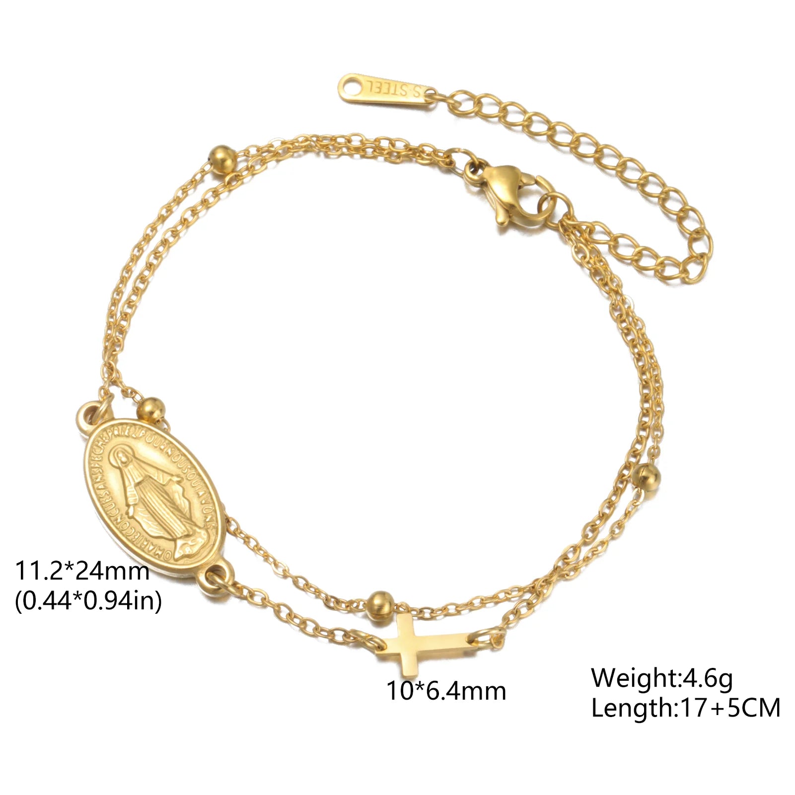 Gold-tone Virgin Mary bracelet with oval medal pendant and beaded link chain