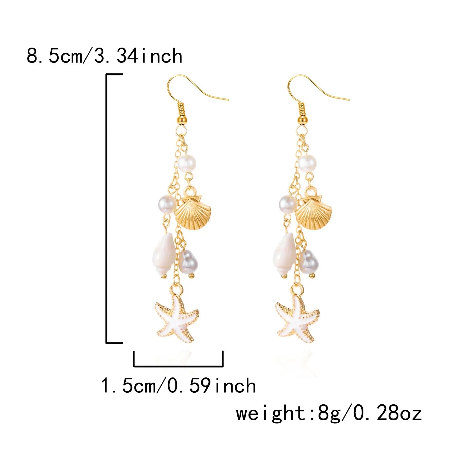 Boucles d'oreilles pendantes bohème à pompons — Étoile de mer et coquillage