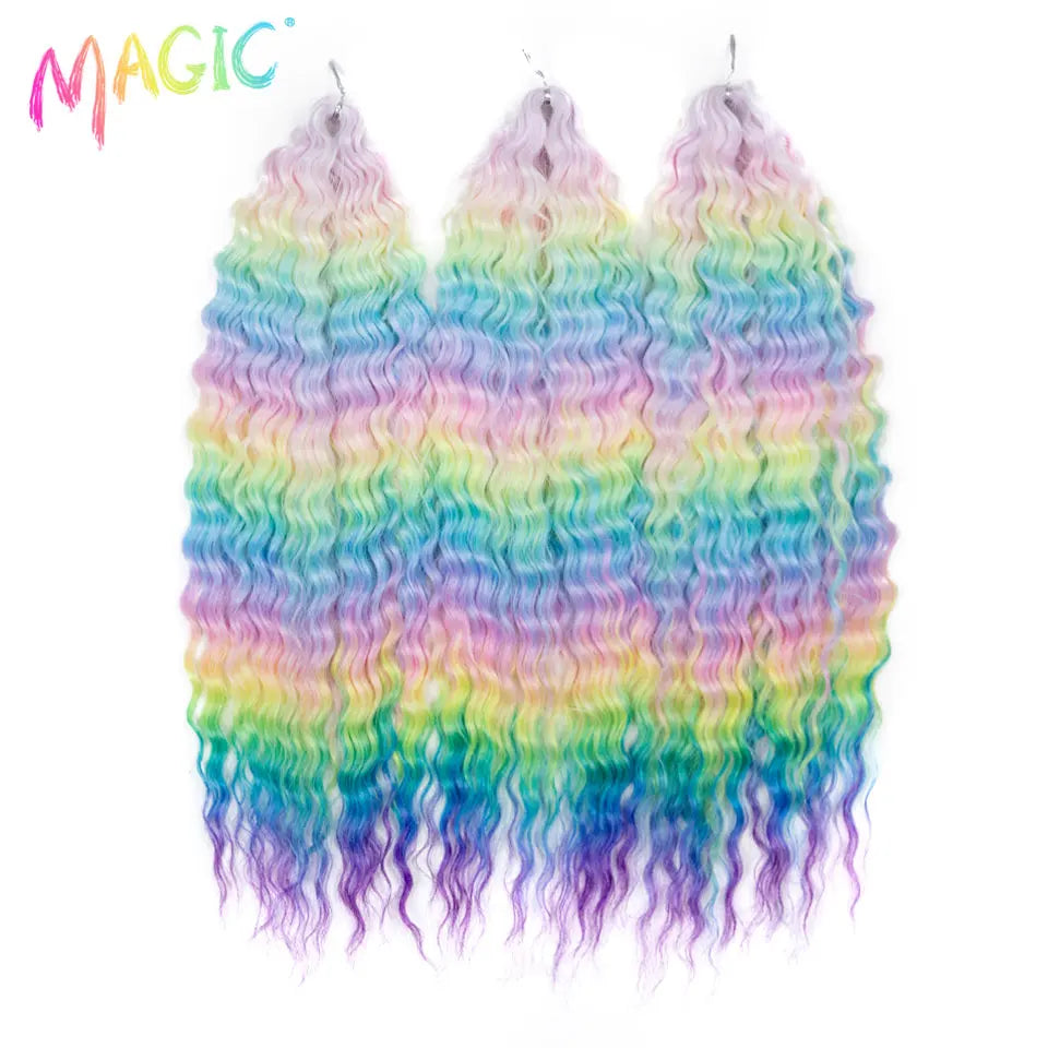 Synthetic ombre crochet braids with water-wave curls, pastel rainbow mix