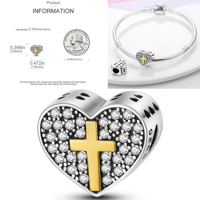 925 sterling silver heart charm bead with gold cross and pavé crystal detail