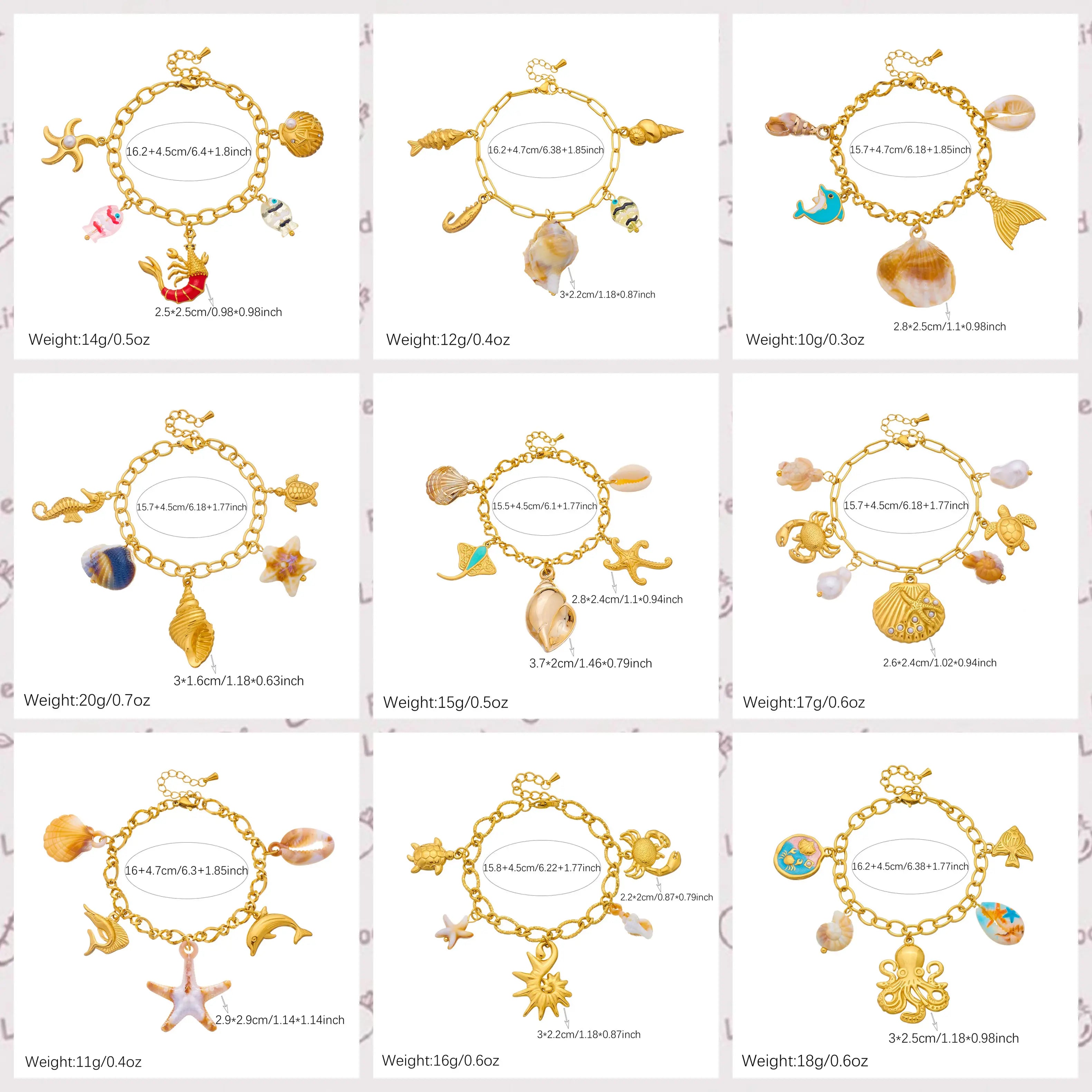 Gold-tone enamel ocean charm bracelet with mixed seashell, dolphin and starfish charms