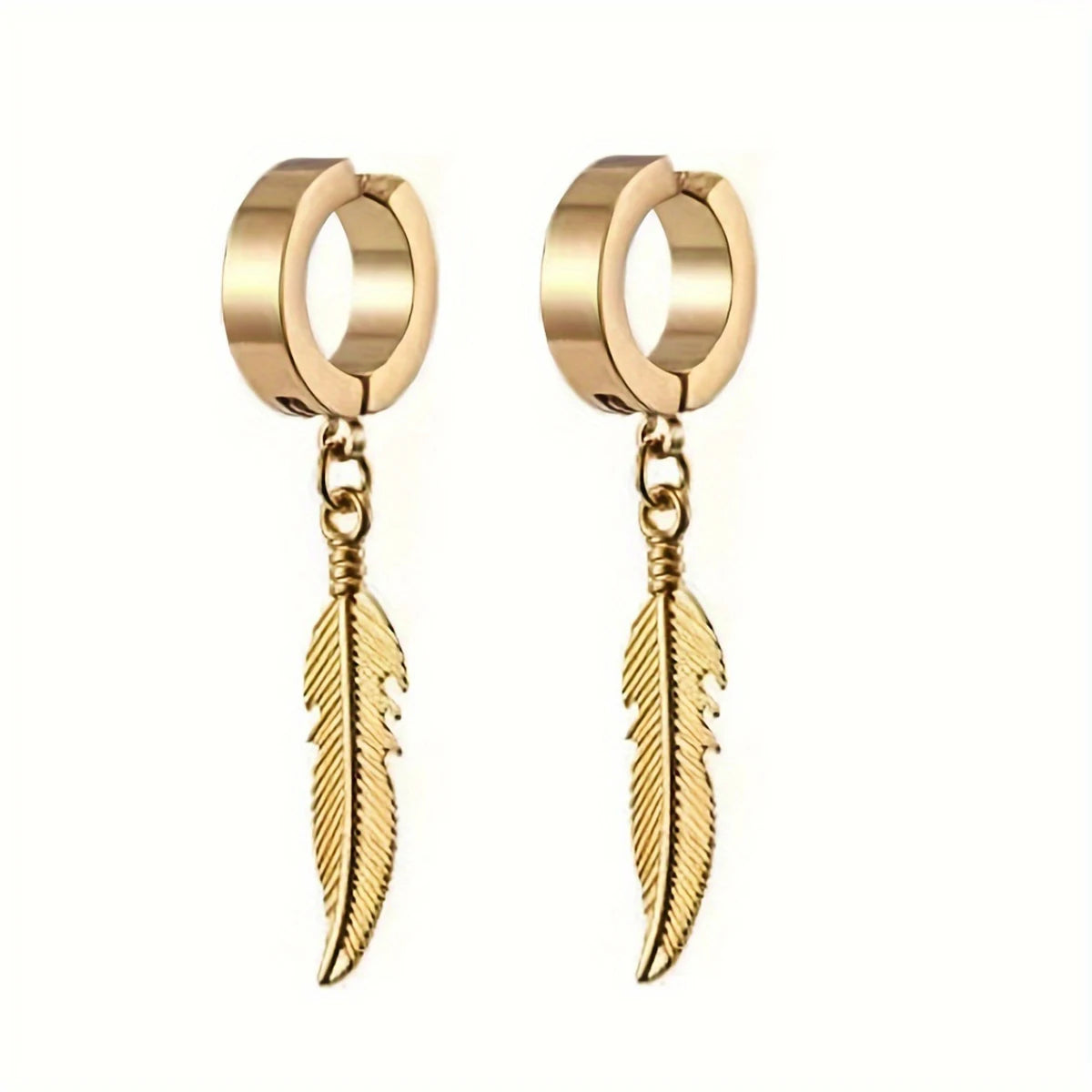 Brass-tone hoop ear clips with dangling feather charms, set of two
