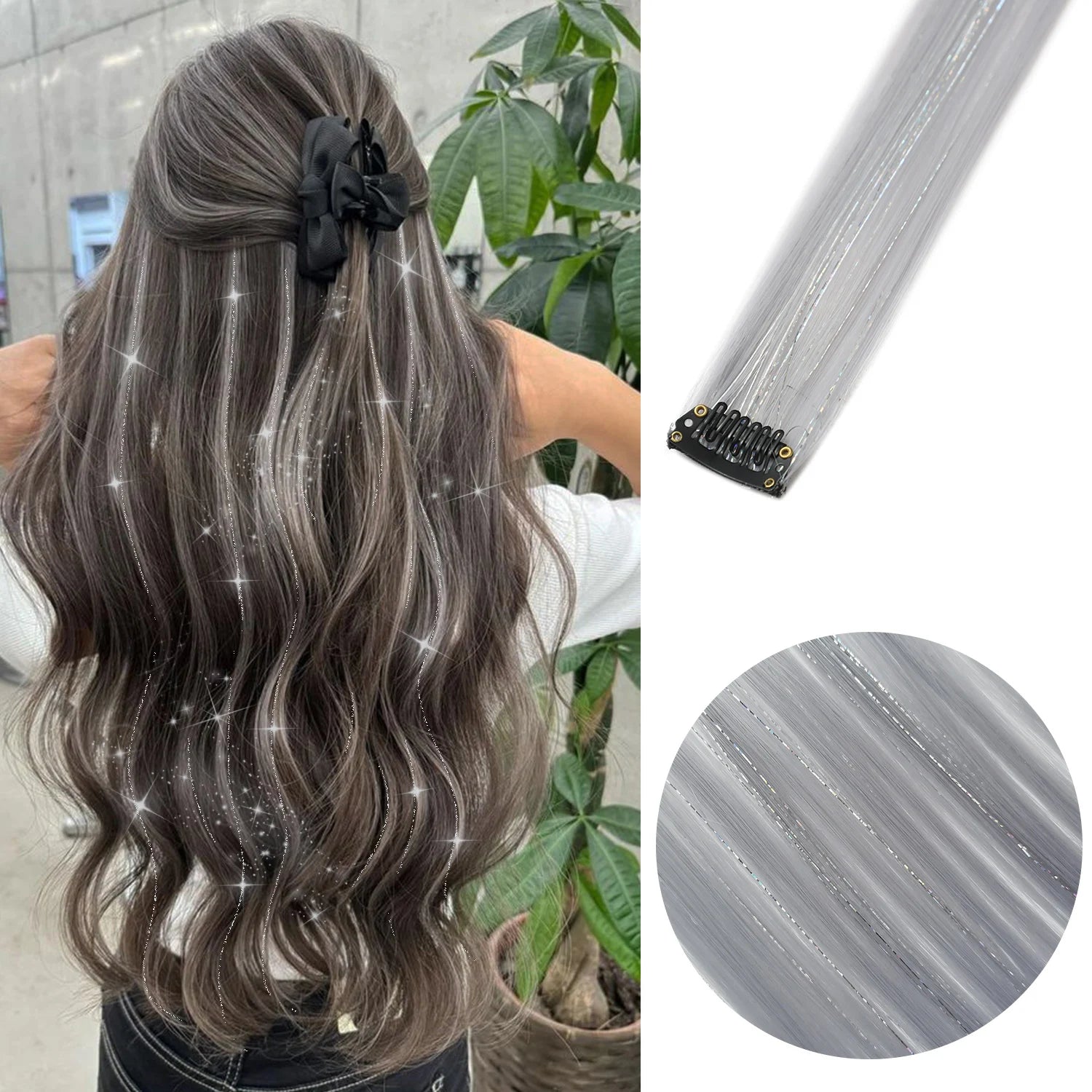 Clip-in synthetic hair highlights with gray-silver strands and small comb clips