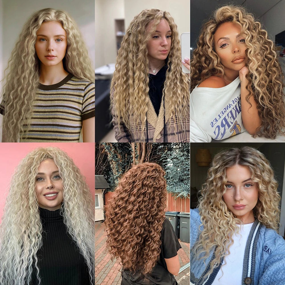 Curly hair extension styles in light blonde to copper ombre shades