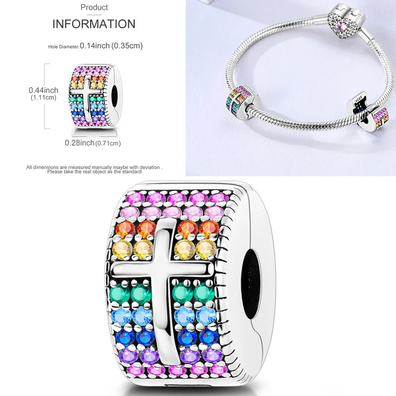 925 sterling silver charm bead with multicolor heart-and-cross pattern