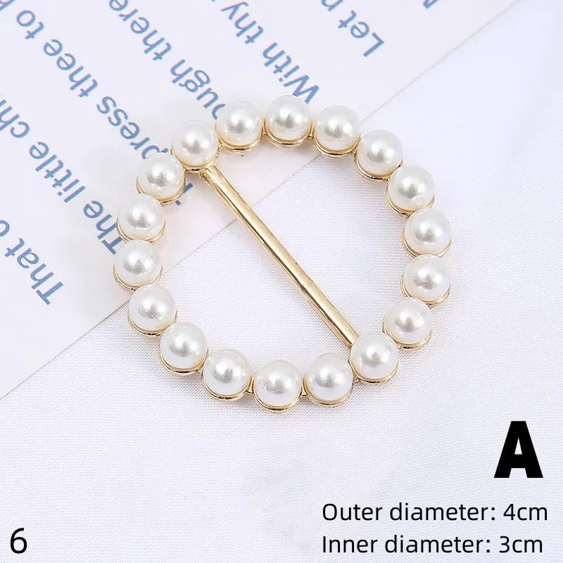 Gold round scarf brooch clip with white pearl beads and gold bar pin