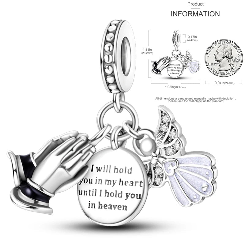 Sterling silver heart locket charm with angel wing and dangling clasp