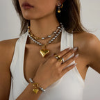 Heart pendant ball-bead necklace with gold heart ring and heart charm bracelet