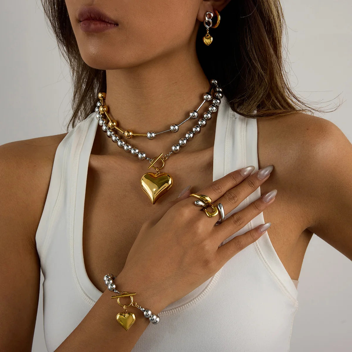 Heart pendant ball-bead necklace with gold heart ring and heart charm bracelet