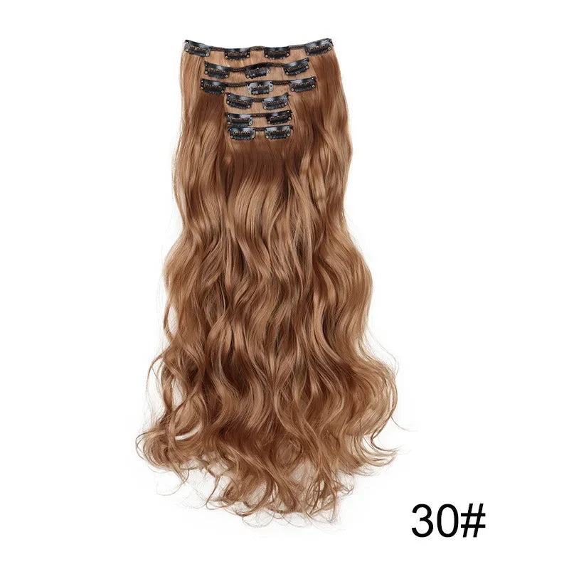 Full head clip-in hair extensions, long wavy copper brown hair with comb clips, 30#