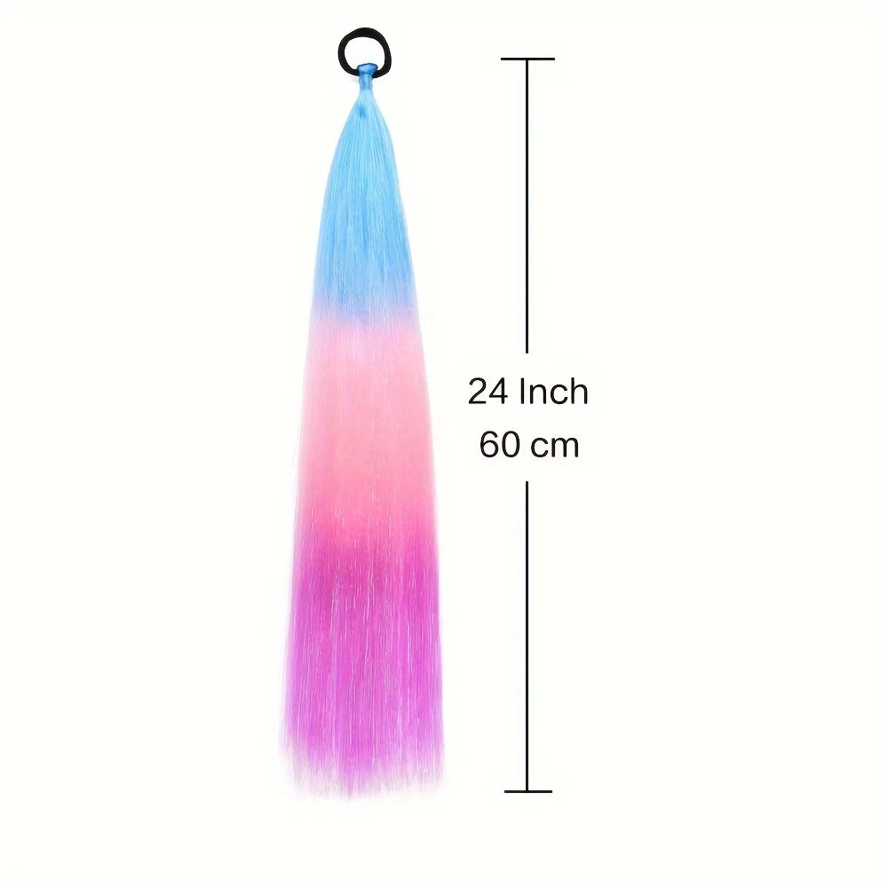 Ombre braid ponytail hair tinsel length 24 in, light blue to pink, hanging with loop