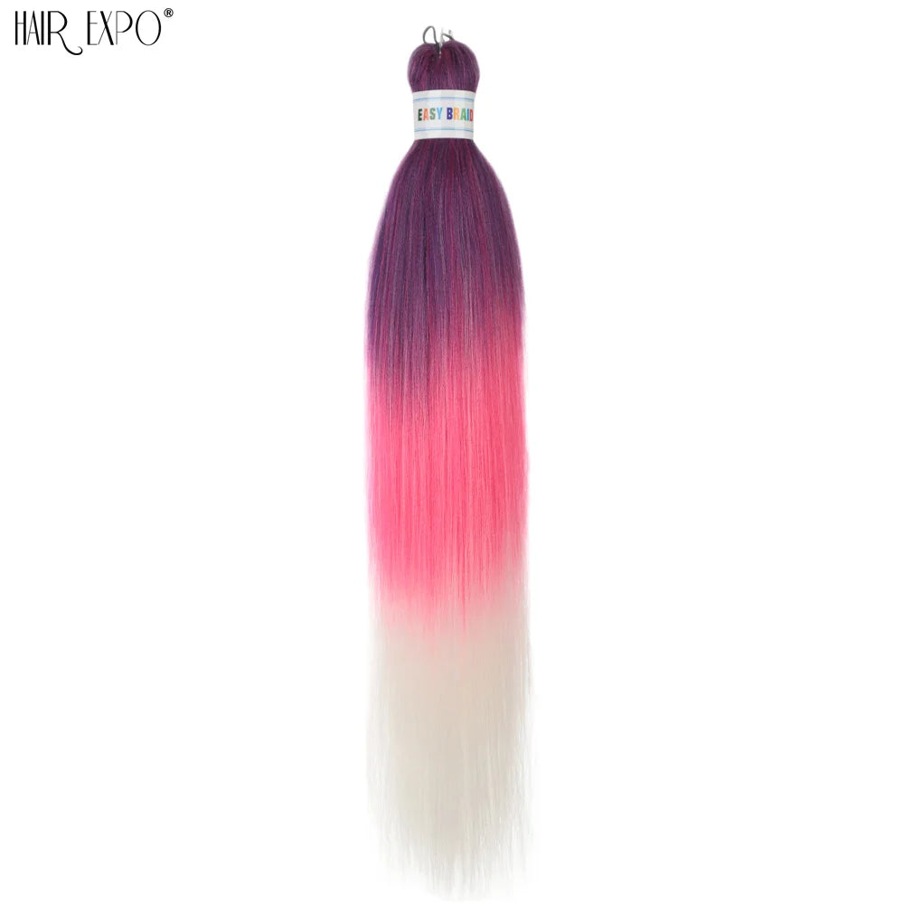 Synthetic braiding hair extension bundle, purple to pink to white ombre, looped top.