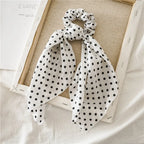 White chiffon ribbon scrunchie scarf with black polka dots