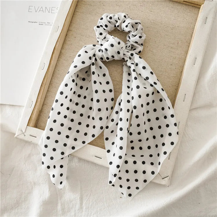 White chiffon ribbon scrunchie scarf with black polka dots