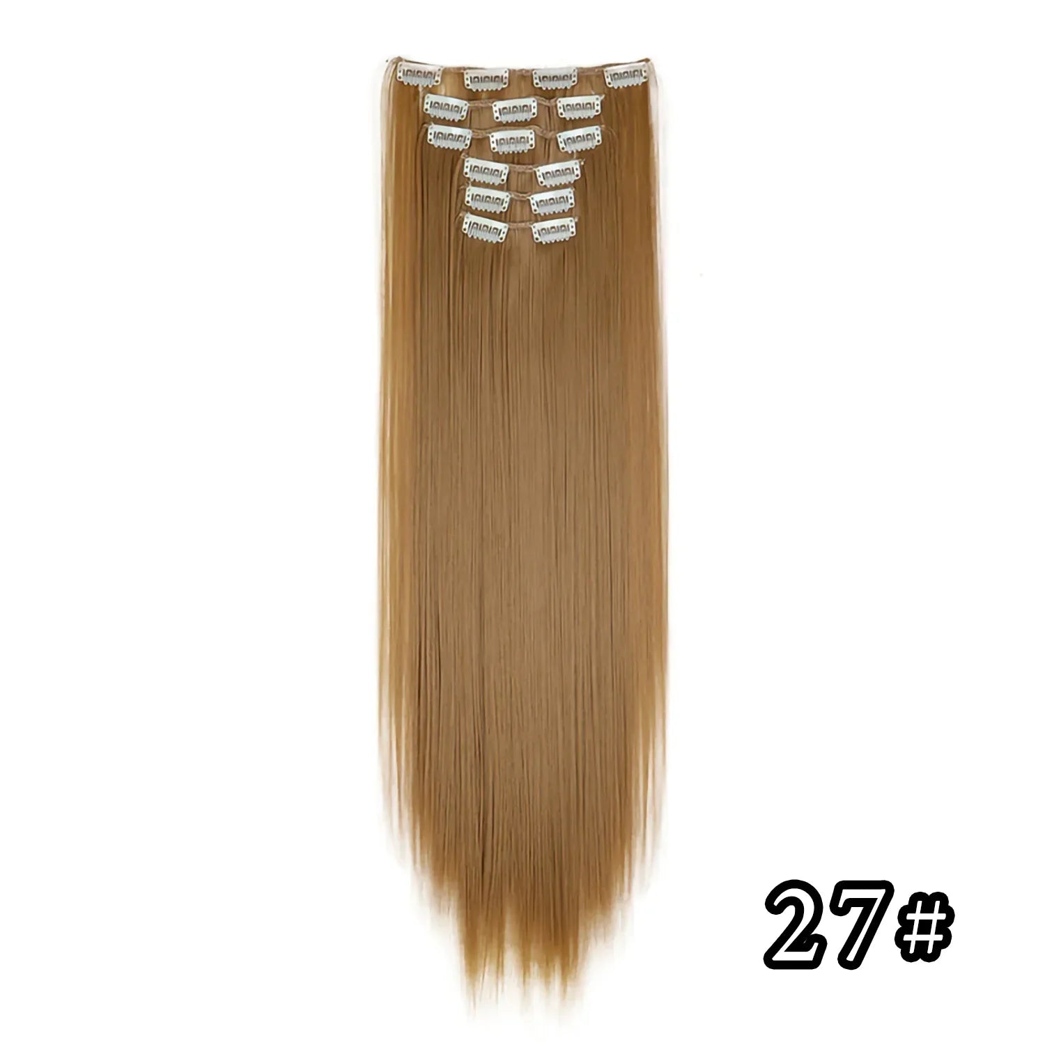 Full head clip-in hair extension, long straight golden brown with snap clips