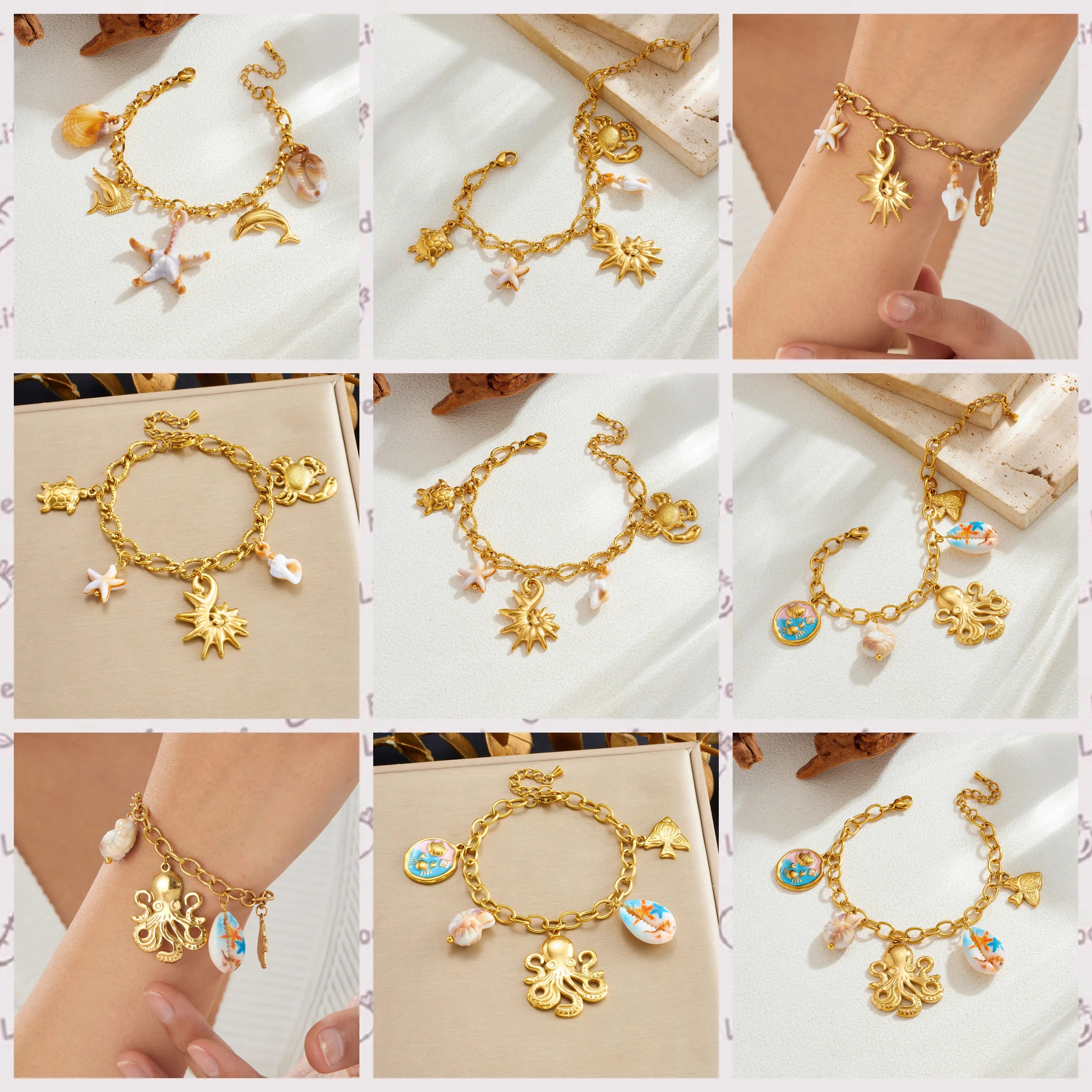 Gold-tone ocean charm bracelet with starfish and seashell charms, worn close-up