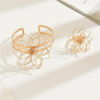 Gold hollow flower bracelet cuff and ring set, two-piece openwork blossom design