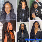 Black loc crochet hair worn in long thick twists, covering the head and framing face