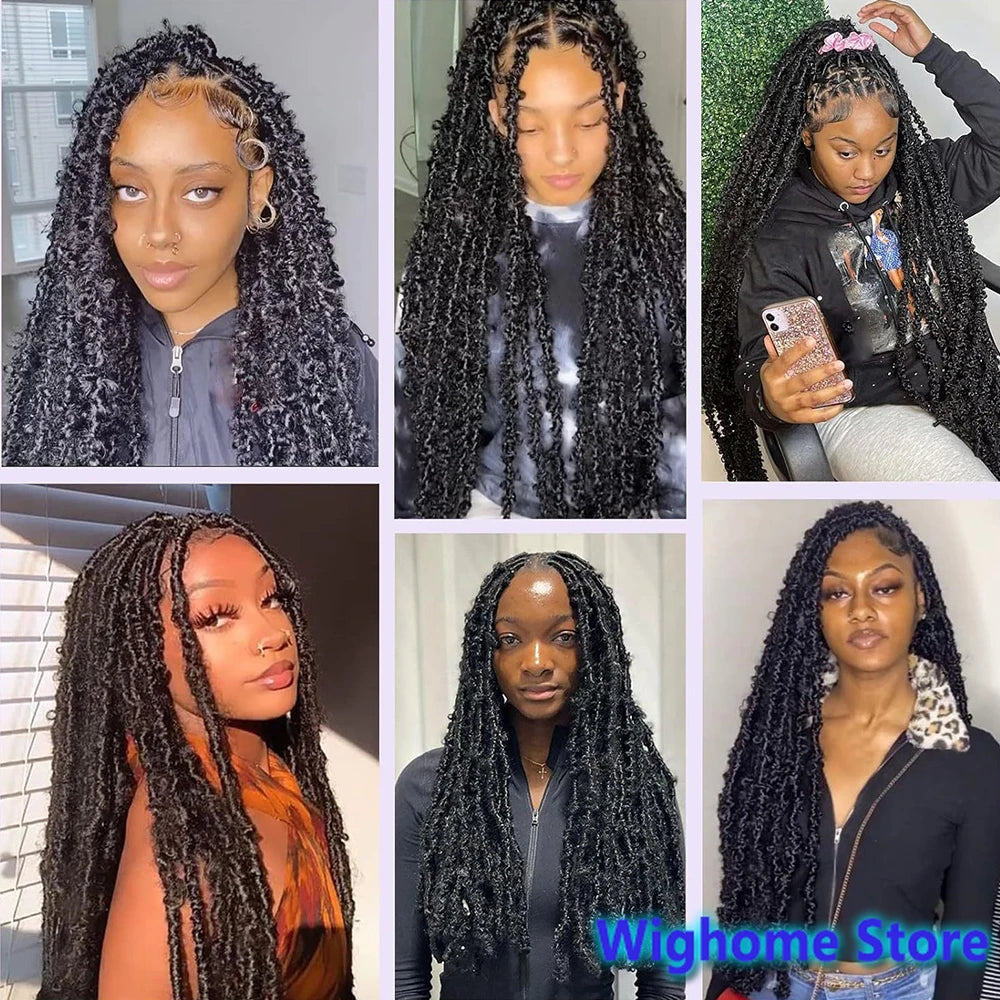 Black loc crochet hair worn in long thick twists, covering the head and framing face