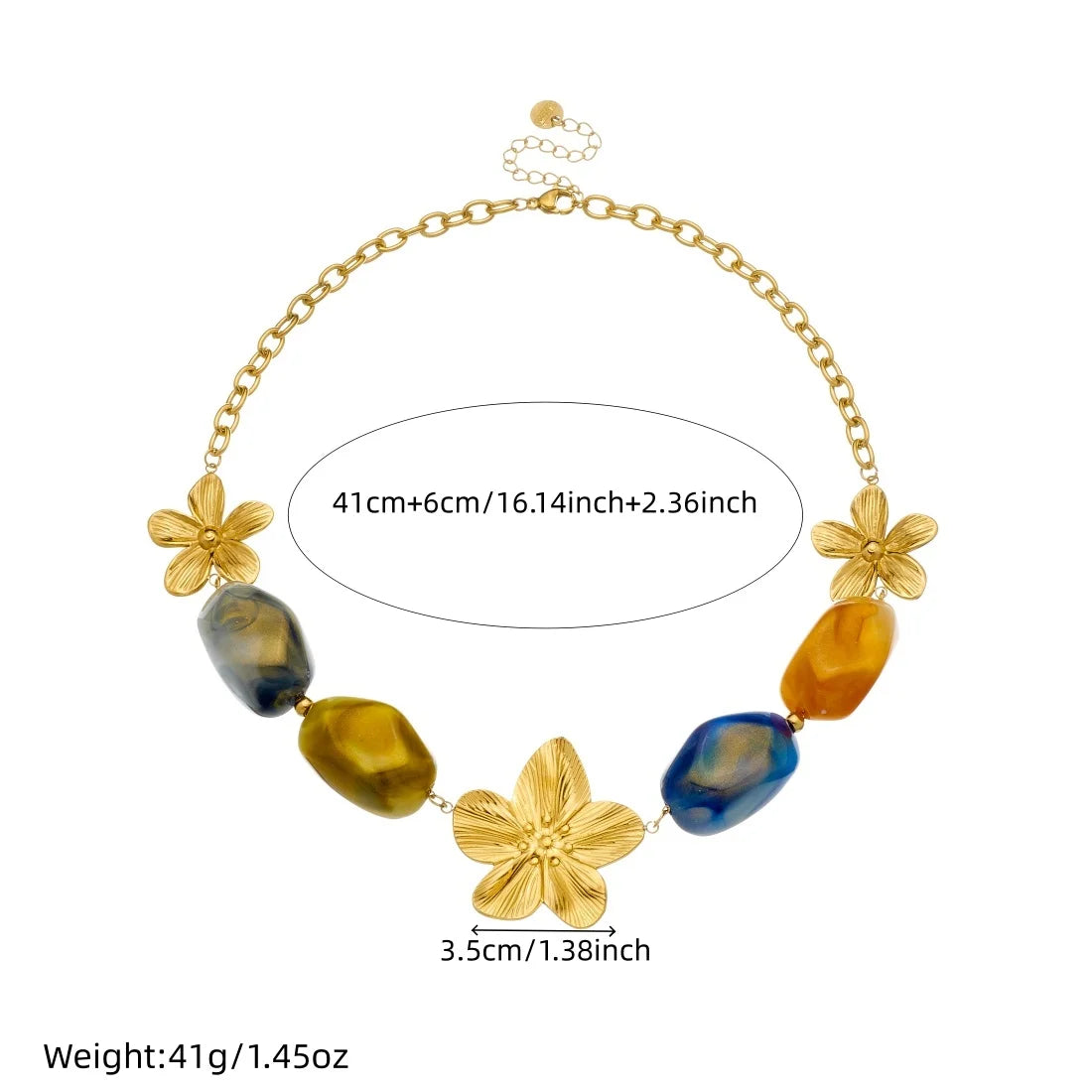 Gold-tone resin bead necklace with flower pendants and multicolor oval beads