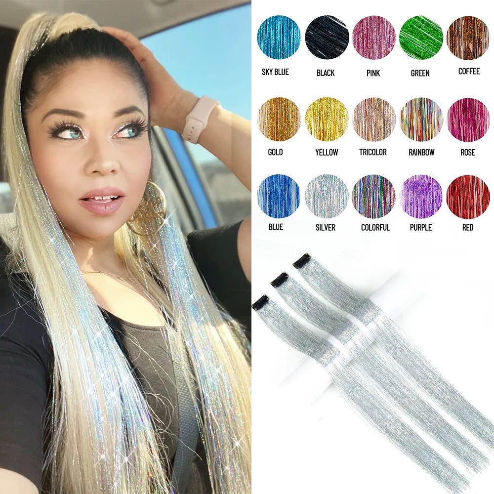 Silver hair tinsel strands with clips worn on long hair, plus matching swatches