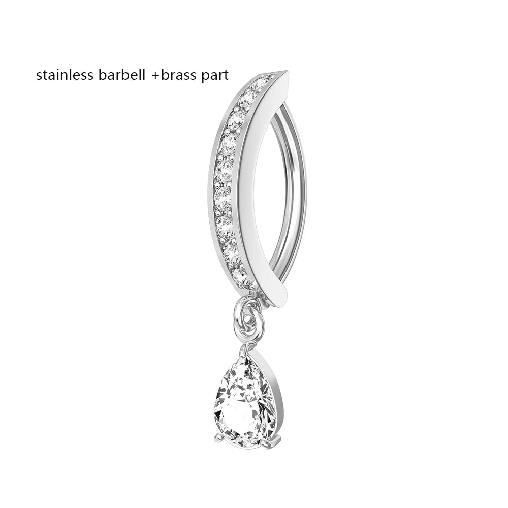Titanium belly button ring clicker with clear crystal teardrop charm and jeweled hoop