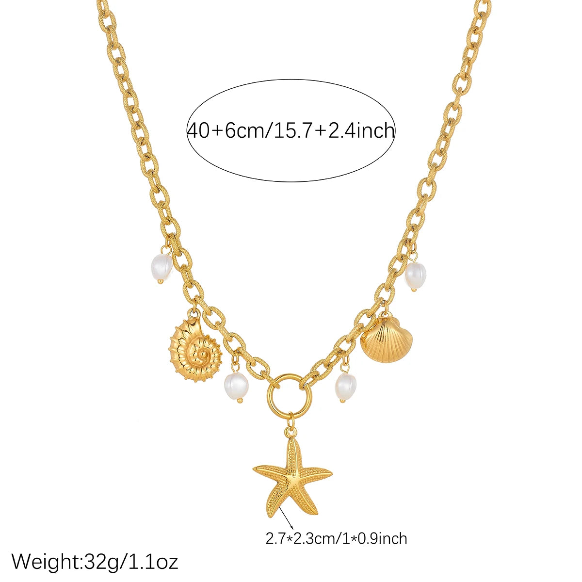 Gold-plated starfish charm pendant necklace with shell, white pearls, and small link accents