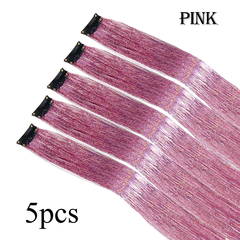 Glitter hair tinsel set, pink, 5 pieces with clip-on strands