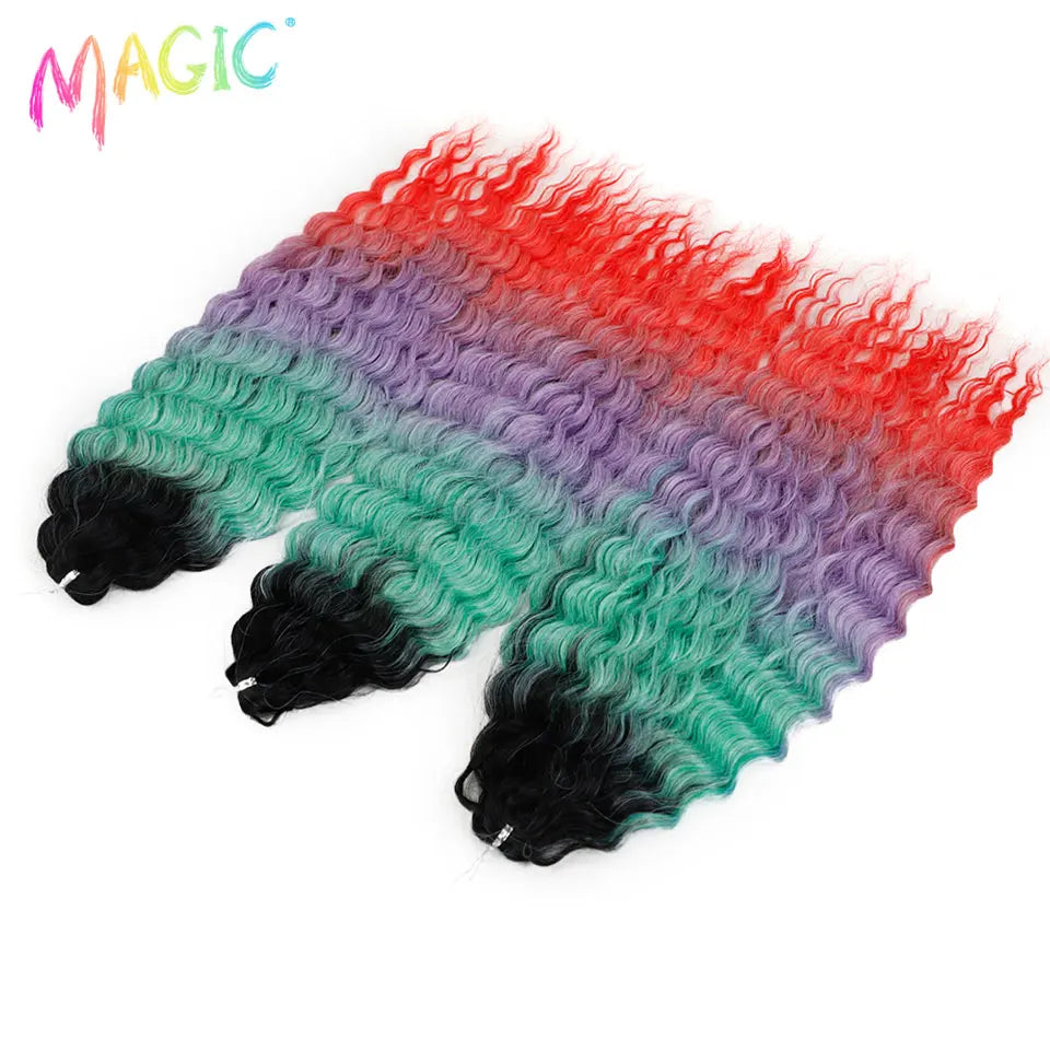 Synthetic crochet braids hairpiece, wavy ombre red-orange to teal-green with dark ends