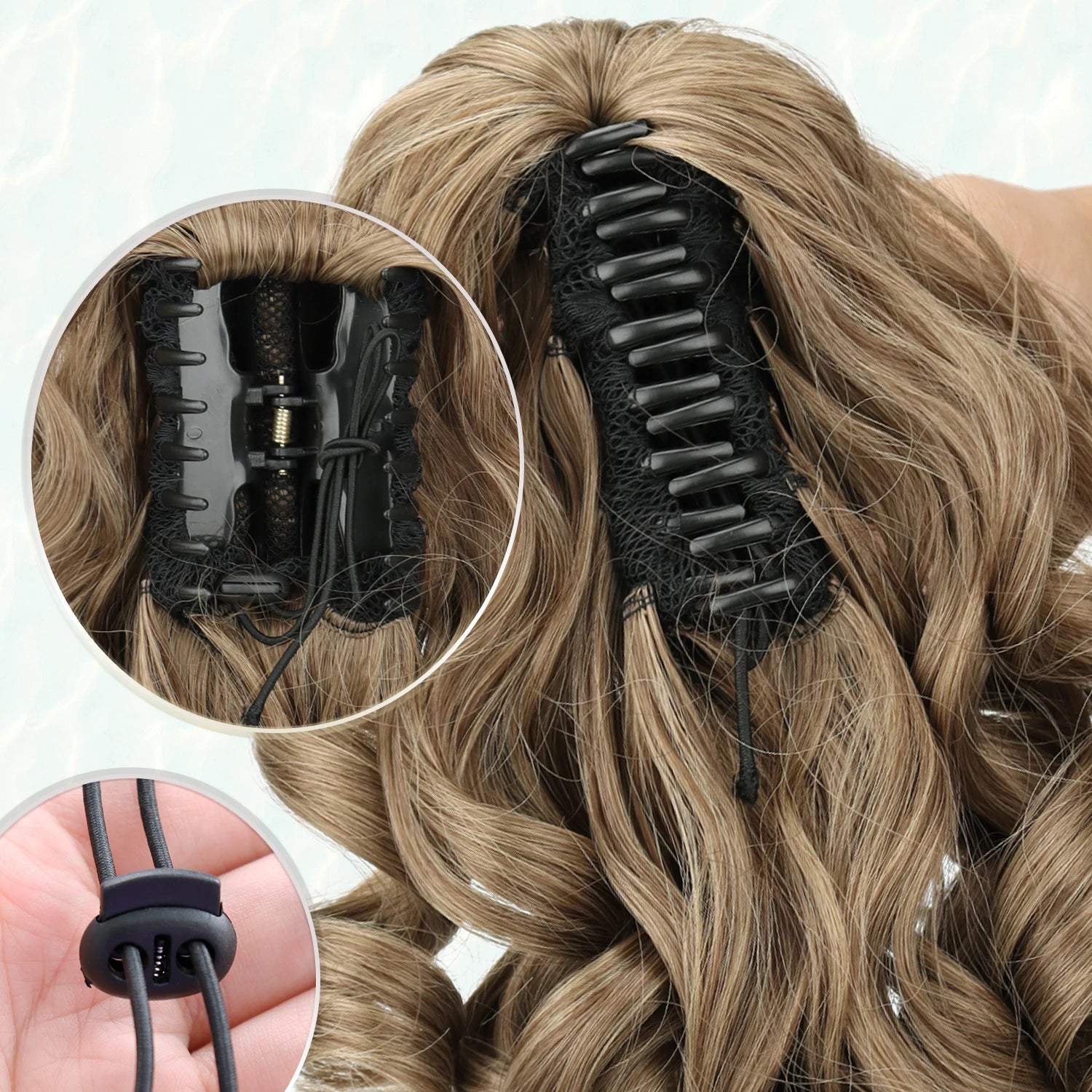 Claw clip ponytail extension inner clamp with synthetic wavy hair, light blonde