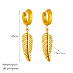 Gold hoop earrings with gold feather dangle charm