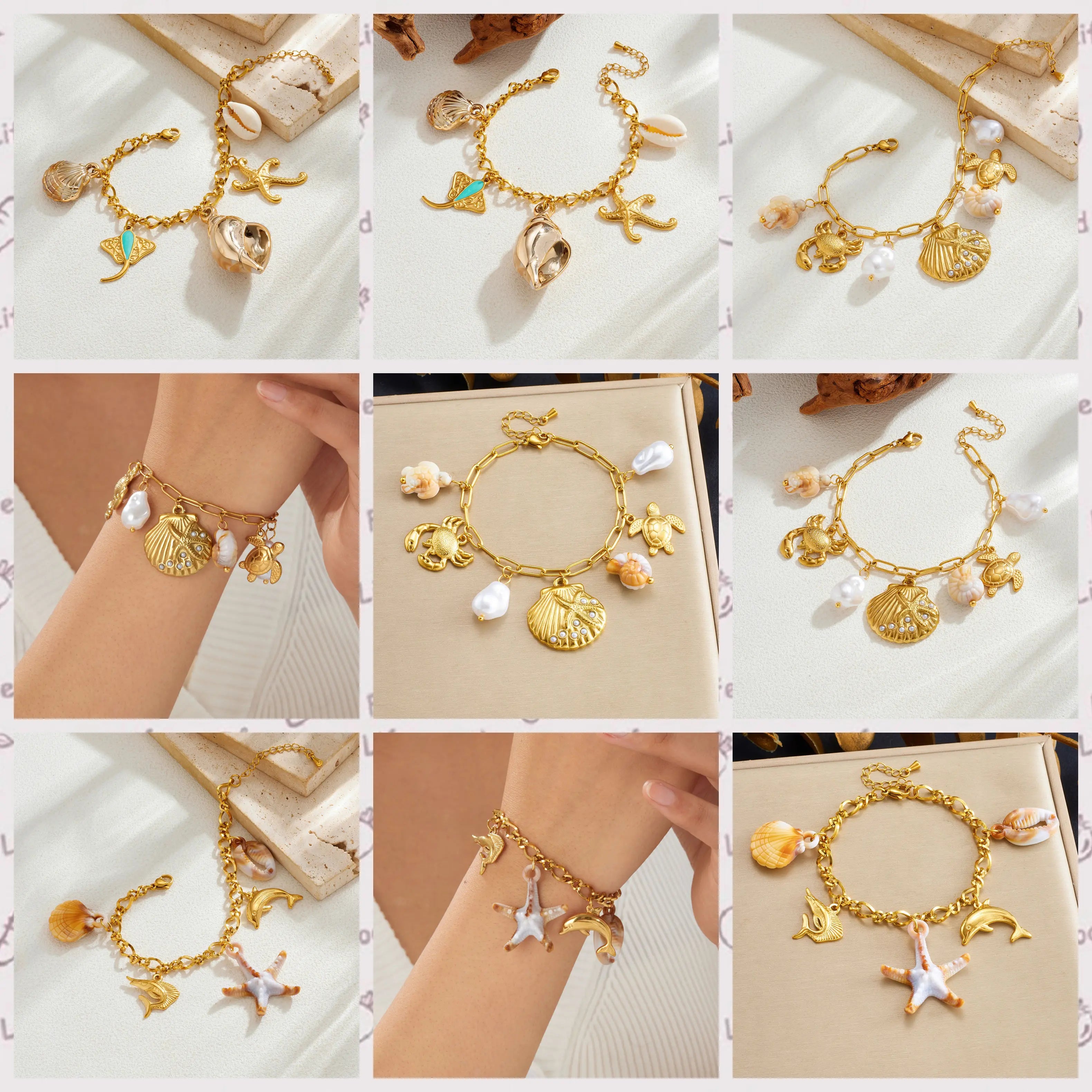 Gold-tone ocean charm bracelet with dangling seashell and fish charms, worn on wrist