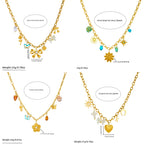 Gold-tone multi-pendant necklace set with blue, gold flowers, hearts, and star charms