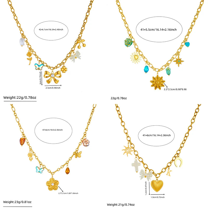 Gold-tone multi-pendant necklace set with blue, gold flowers, hearts, and star charms