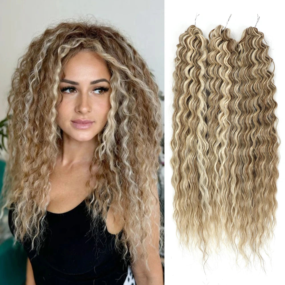 Long curly hair extensions, light ombre water-wave texture